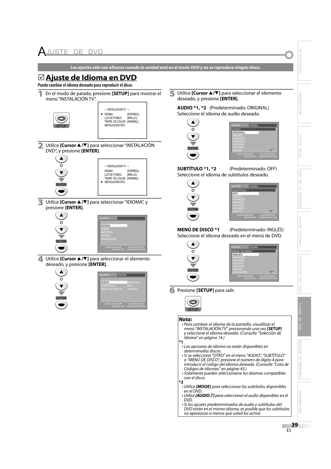 Emerson LD195EM8 7, LD195EM8 2 owner manual Ajuste DE DVD, 5Ajuste de Idioma en DVD 