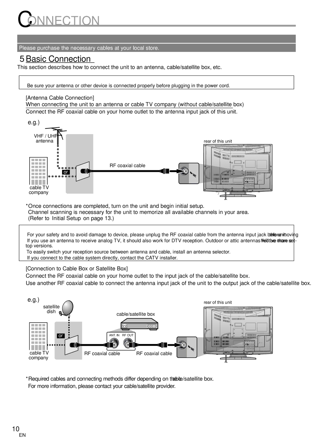 Emerson LD200EM8 owner manual 5Basic Connection, Antenna Cable Connection, Connection to Cable Box or Satellite Box 