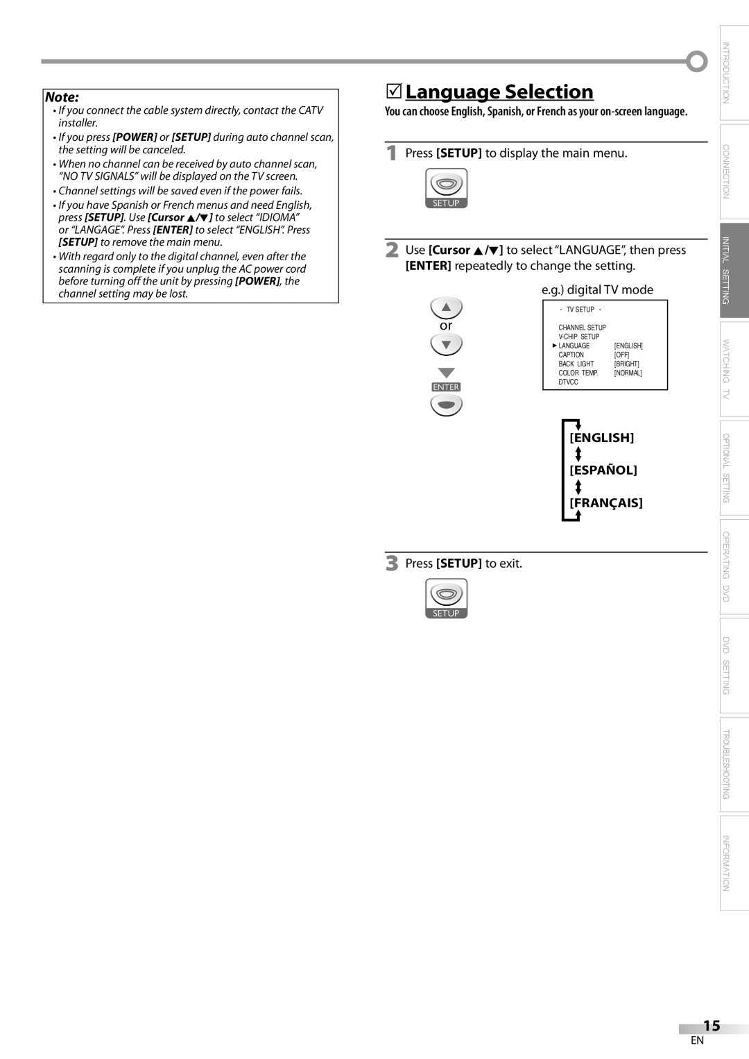 Emerson LD200EM8 owner manual 5Language Selection, English Español Français, Press Setup to exit 