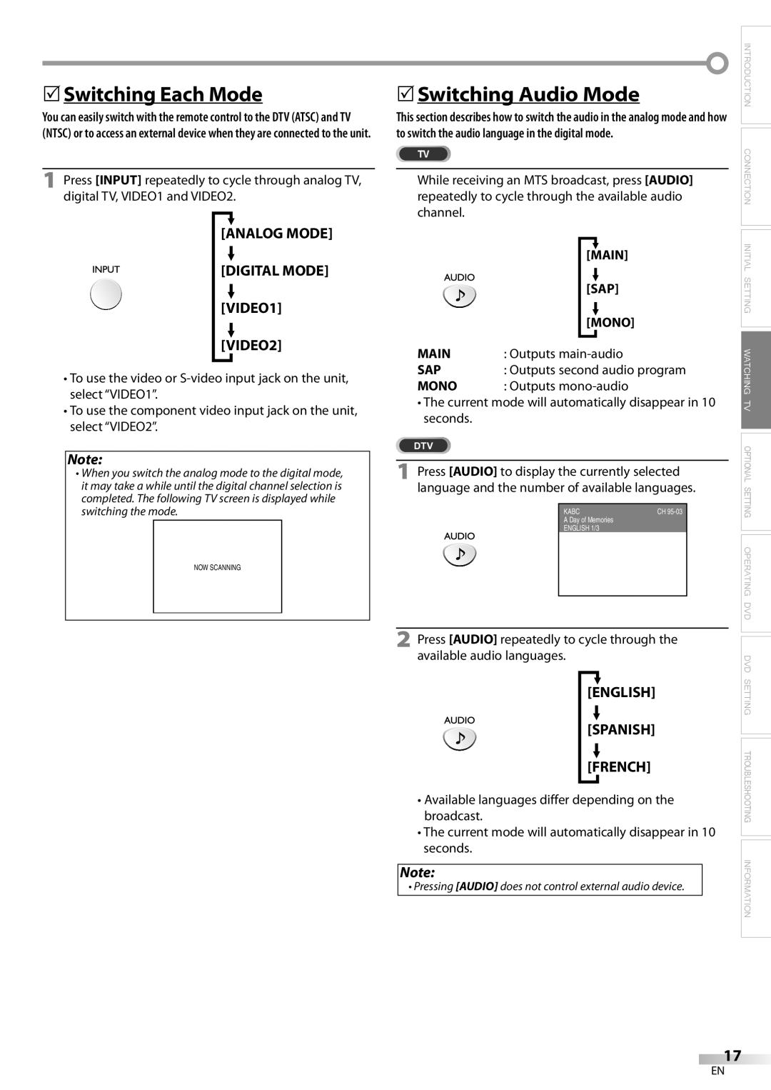 Emerson LD200EM8 owner manual 5Switching Each Mode, 5Switching Audio Mode, Main, Sap, Mono 