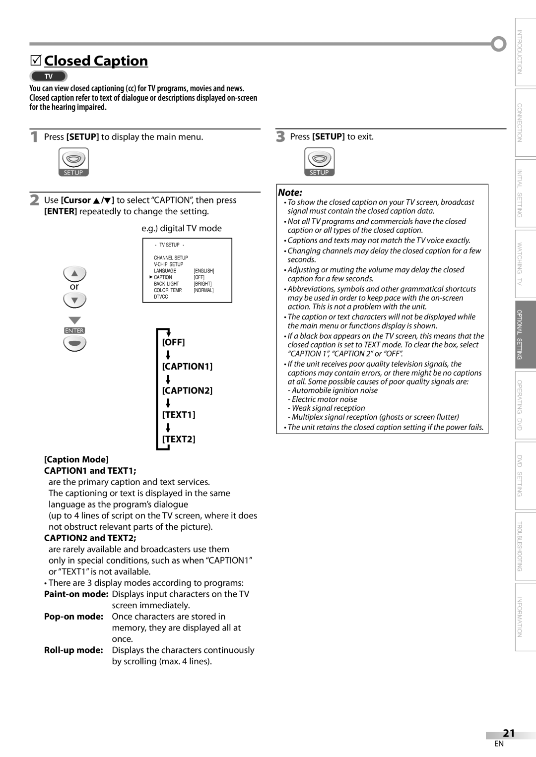 Emerson LD200EM8 owner manual 5Closed Caption, Press Setup to display the main menu, OFF CAPTION1 CAPTION2 TEXT1 TEXT2 