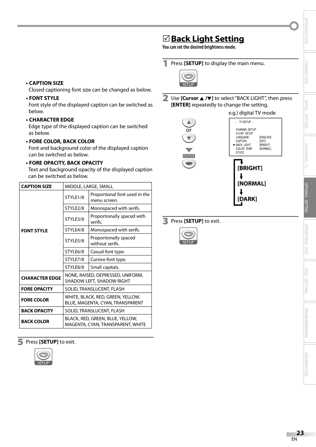 Emerson LD200EM8 owner manual 5Back Light Setting 