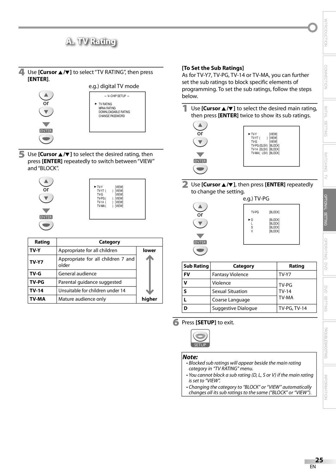 Emerson LD200EM8 owner manual TV Rating, To Set the Sub Ratings 