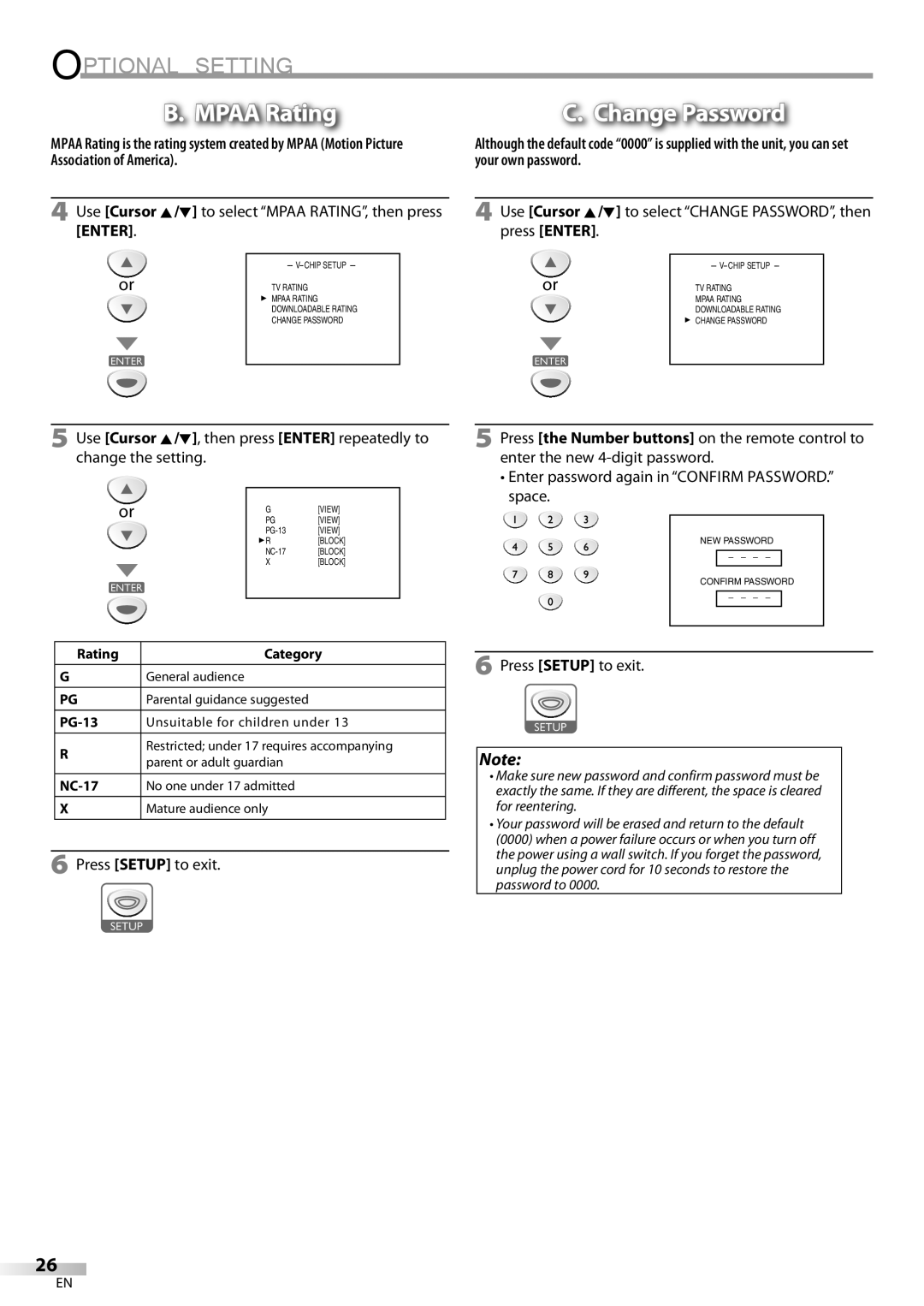 Emerson LD200EM8 owner manual Mpaa Rating, Change Password, Use Cursor K/L to select Mpaa RATING, then press Enter 