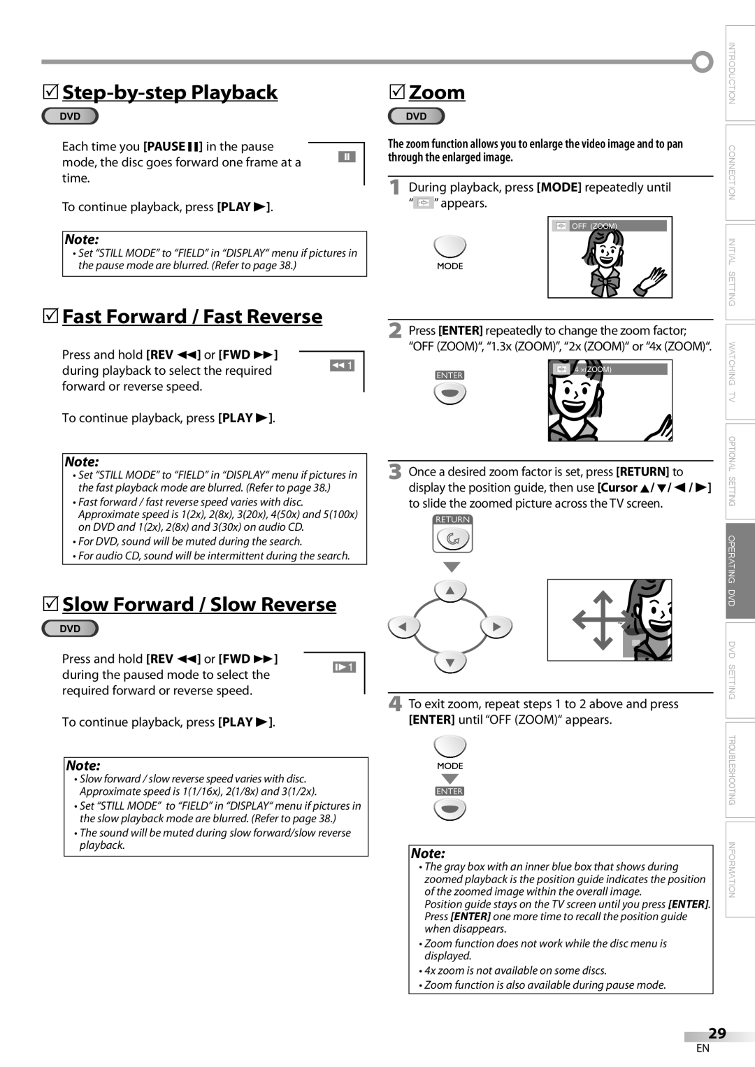 Emerson LD200EM8 owner manual Step-by-step Playback, 5Fast Forward / Fast Reverse, 5Slow Forward / Slow Reverse, 5Zoom 