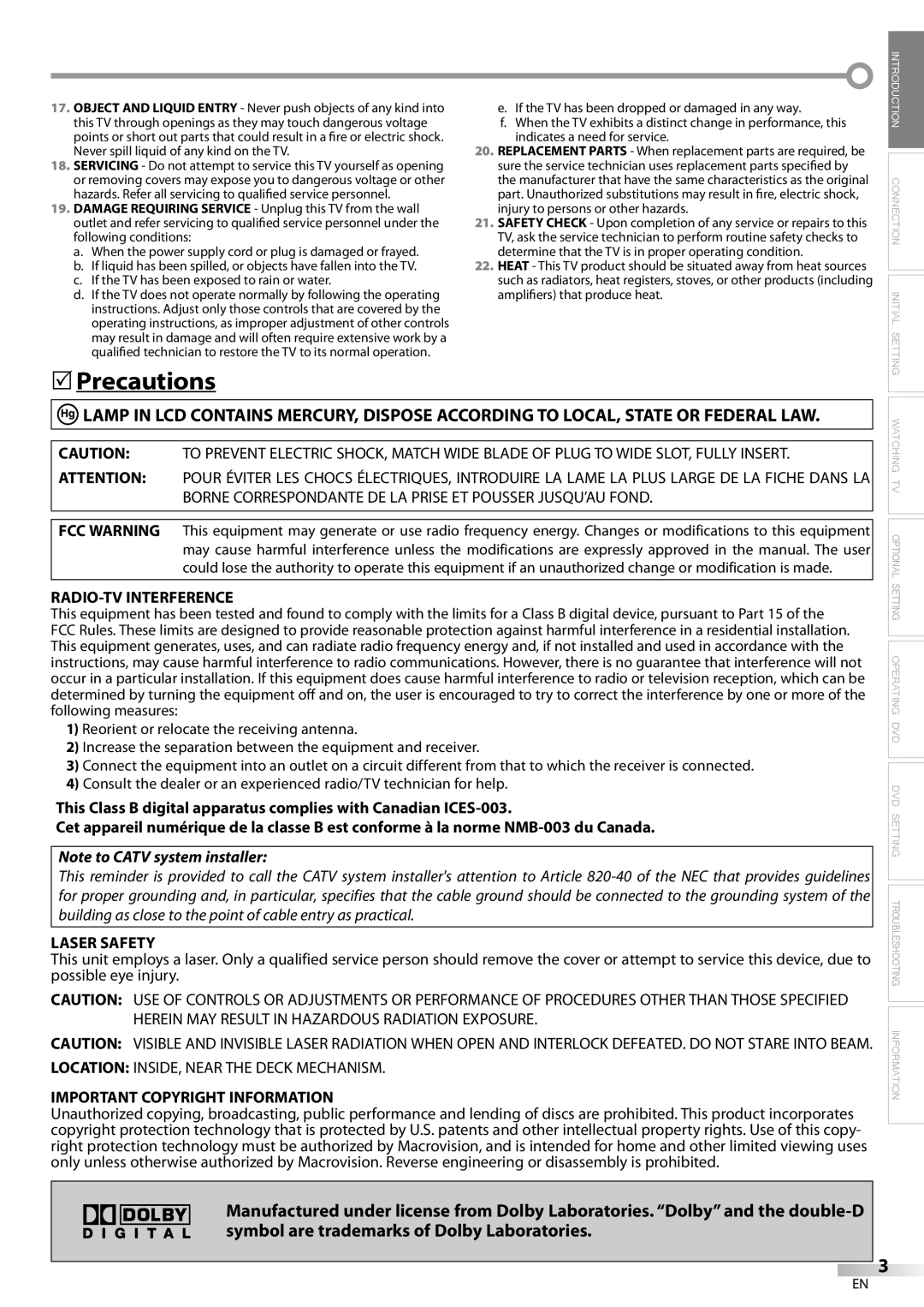 Emerson LD200EM8 owner manual Precautions, RADIO-TV Interference, Laser Safety, Important Copyright Information 