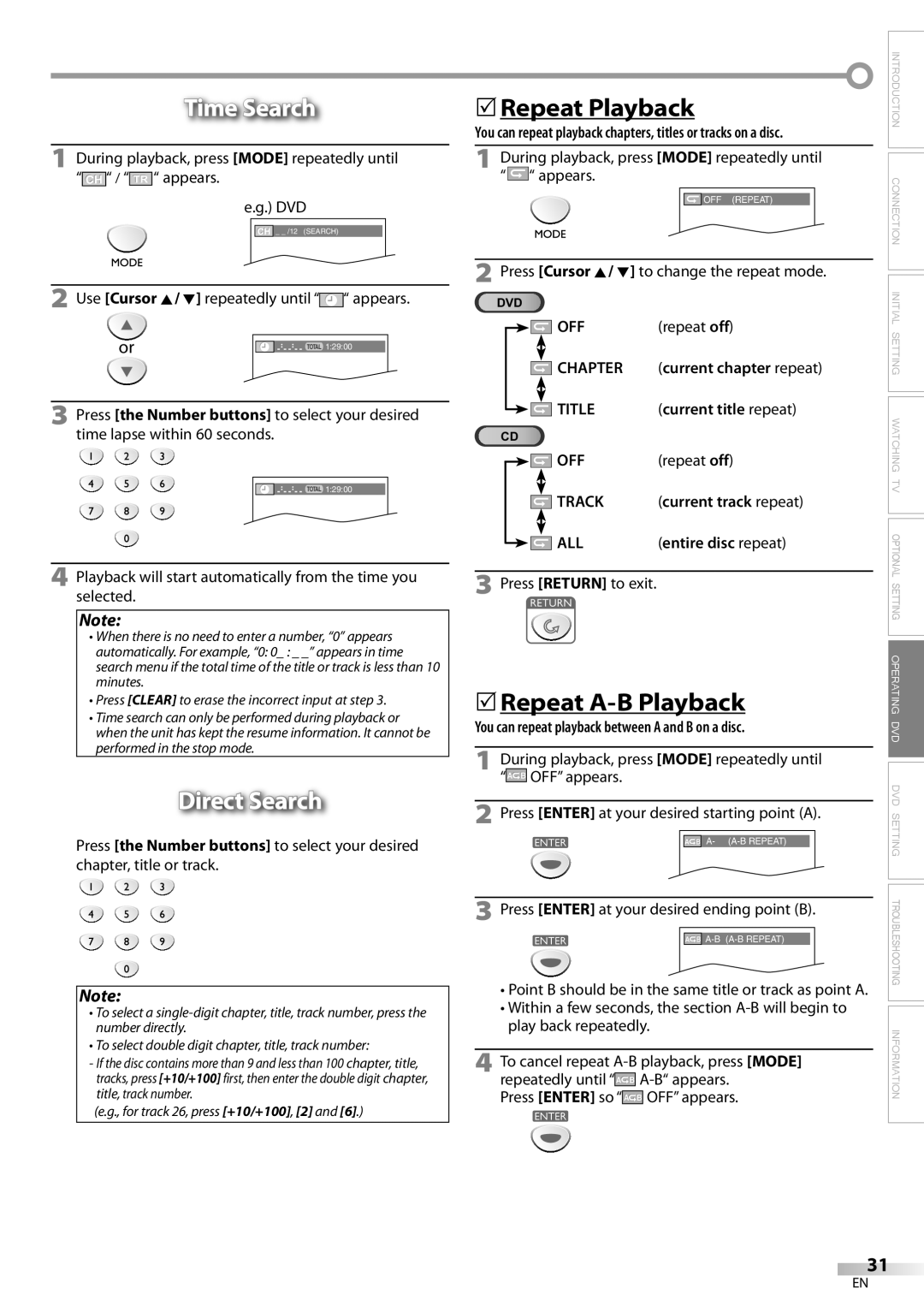 Emerson LD200EM8 owner manual Time Search, Direct Search, 5Repeat Playback, 5Repeat A-B Playback 