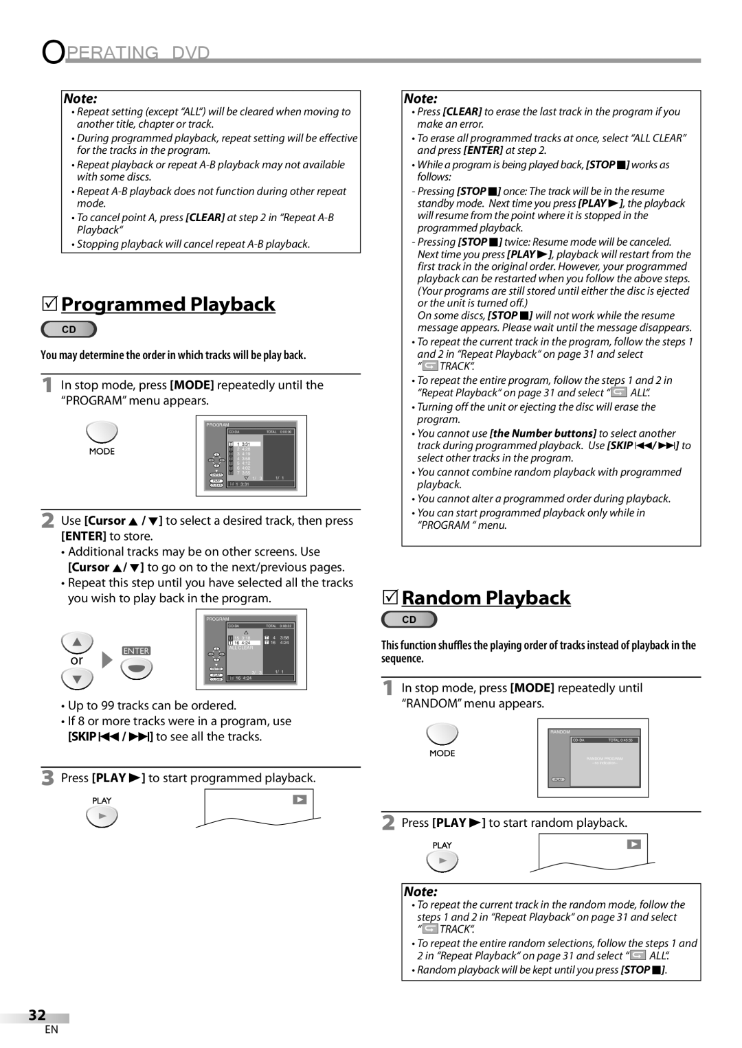 Emerson LD200EM8 5Programmed Playback, 5Random Playback, Stop mode, press Mode repeatedly until Random menu appears 