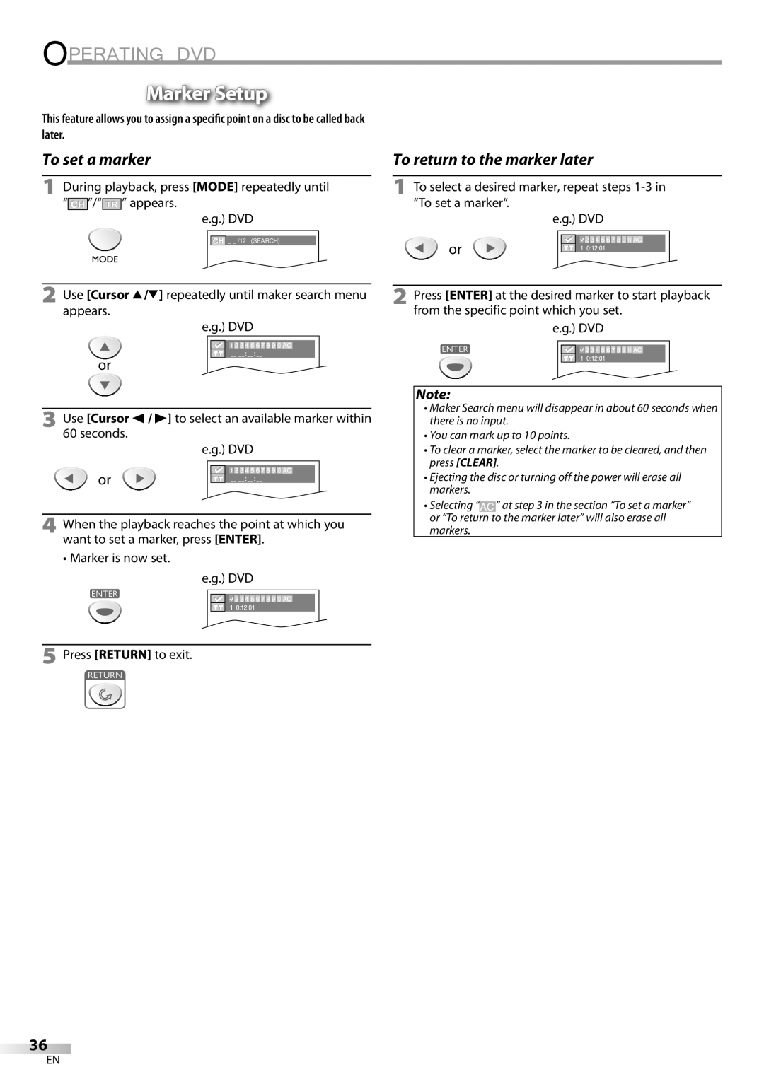 Emerson LD200EM8 owner manual Marker Setup, To set a marker 