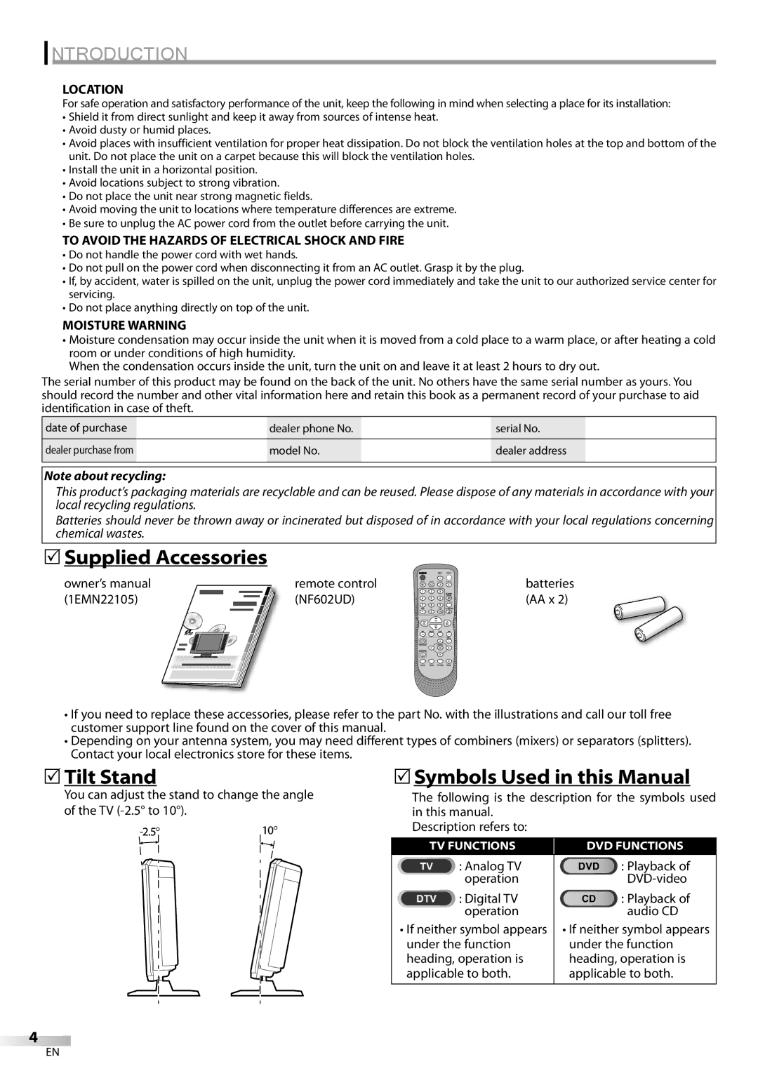 Emerson LD200EM8 owner manual 5Supplied Accessories, 5Tilt Stand, 5Symbols Used in this Manual 