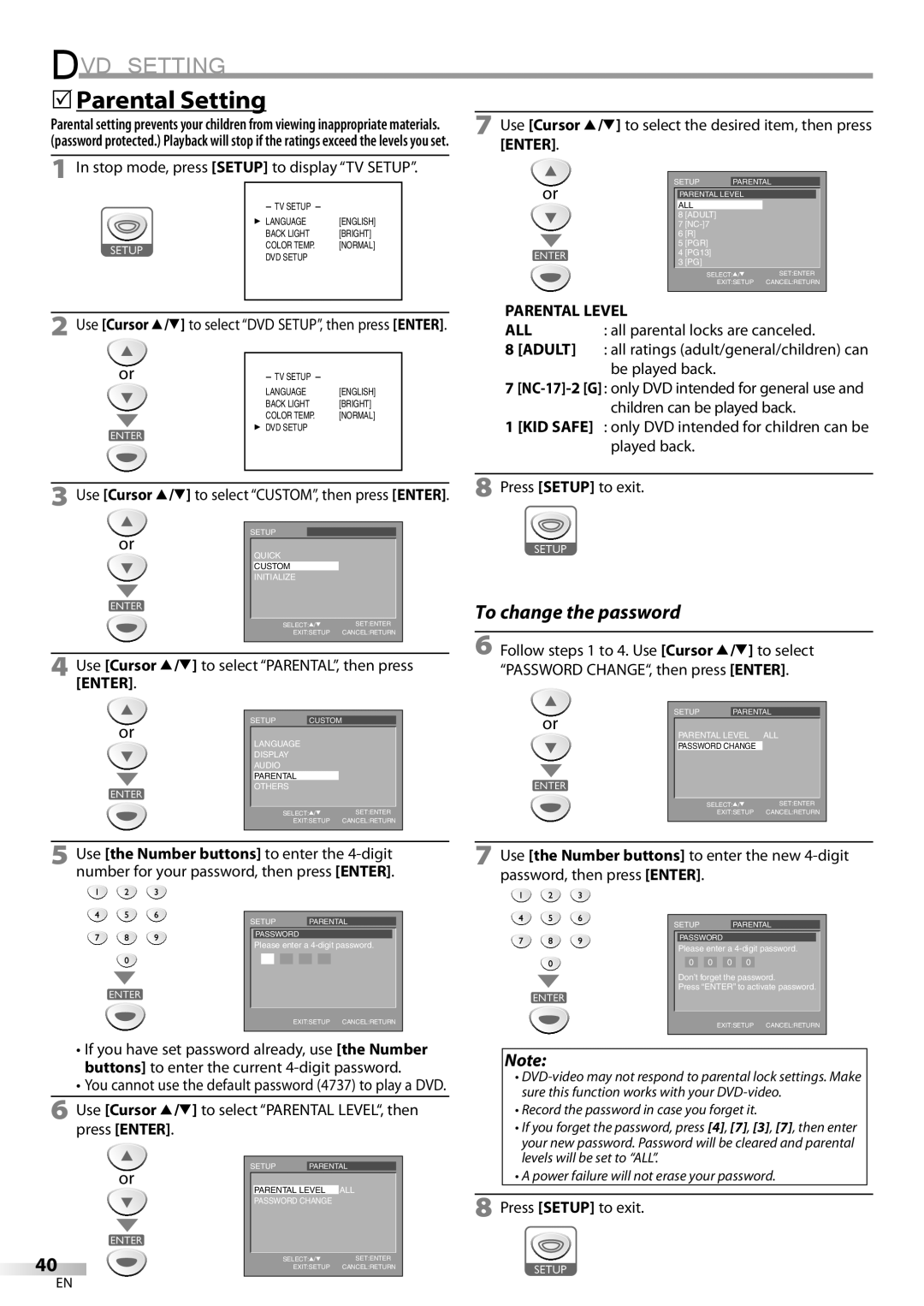 Emerson LD200EM8 owner manual 5Parental Setting, Use Cursor K/L to select PARENTAL, then press Enter, Parental Level 