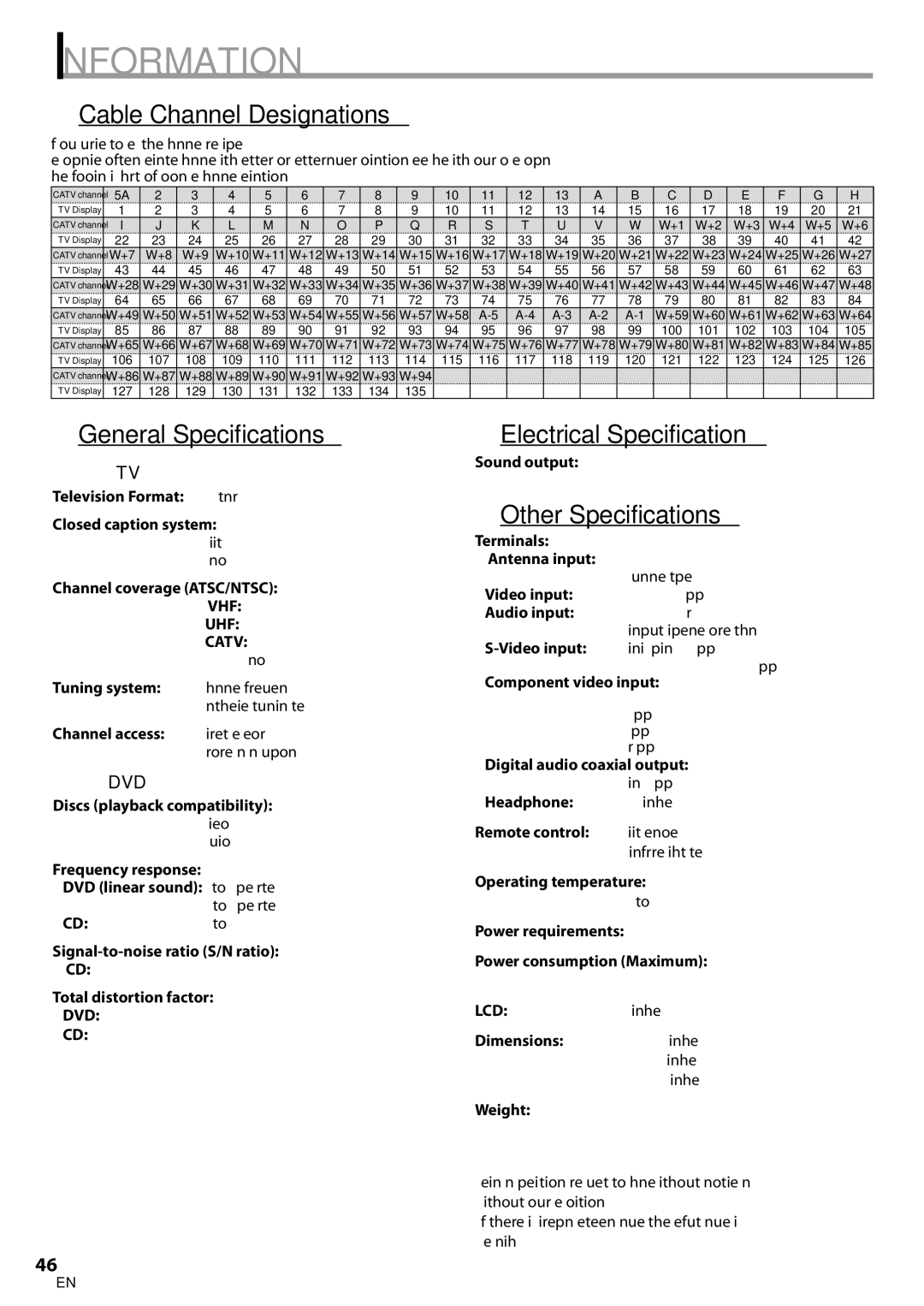 Emerson LD200EM8 5Cable Channel Designations, 5General Specifications, 5Electrical Specification, 5Other Specifications 