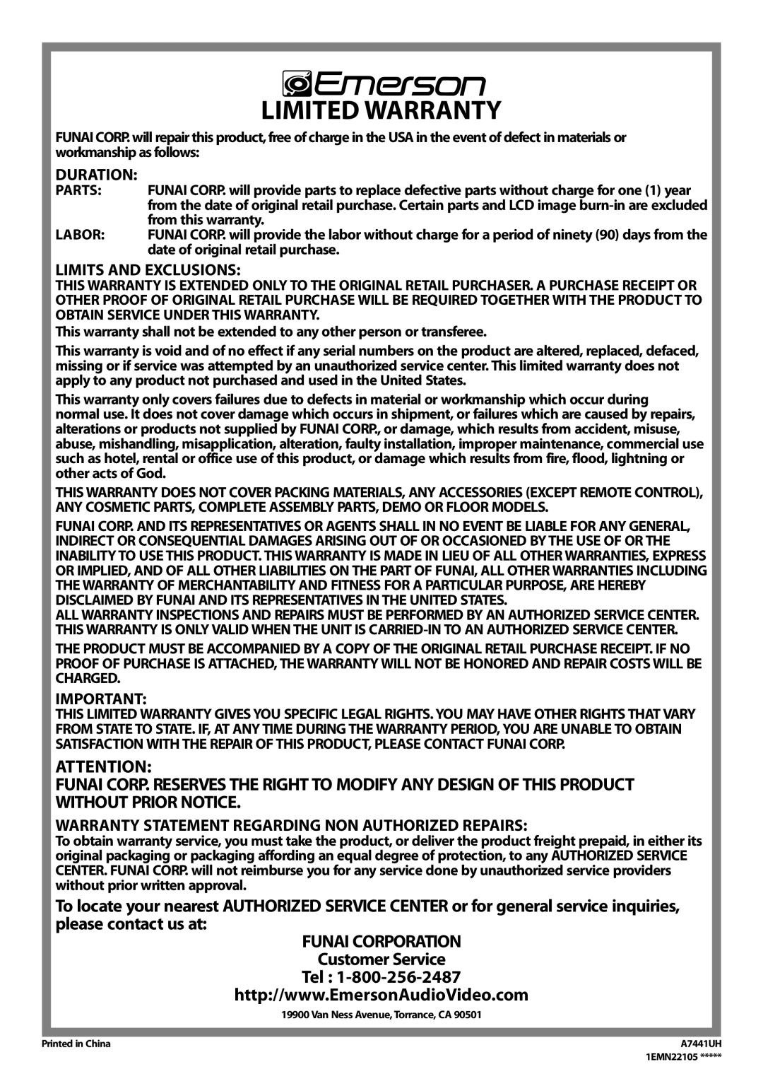 Emerson LD200EM8 owner manual Limited Warranty 