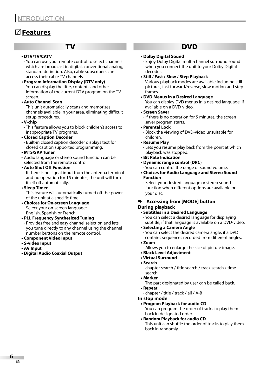 Emerson LD200EM8 owner manual Features, Dtv/Tv/Catv 