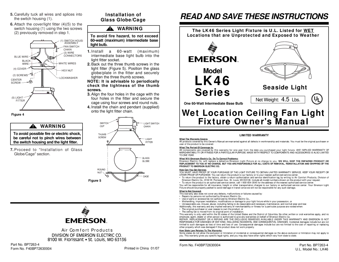 Emerson LK46 owner manual Air Comfort Products, Previously removed in step, 8100 W. Florissant ¥ St. Louis, MO 