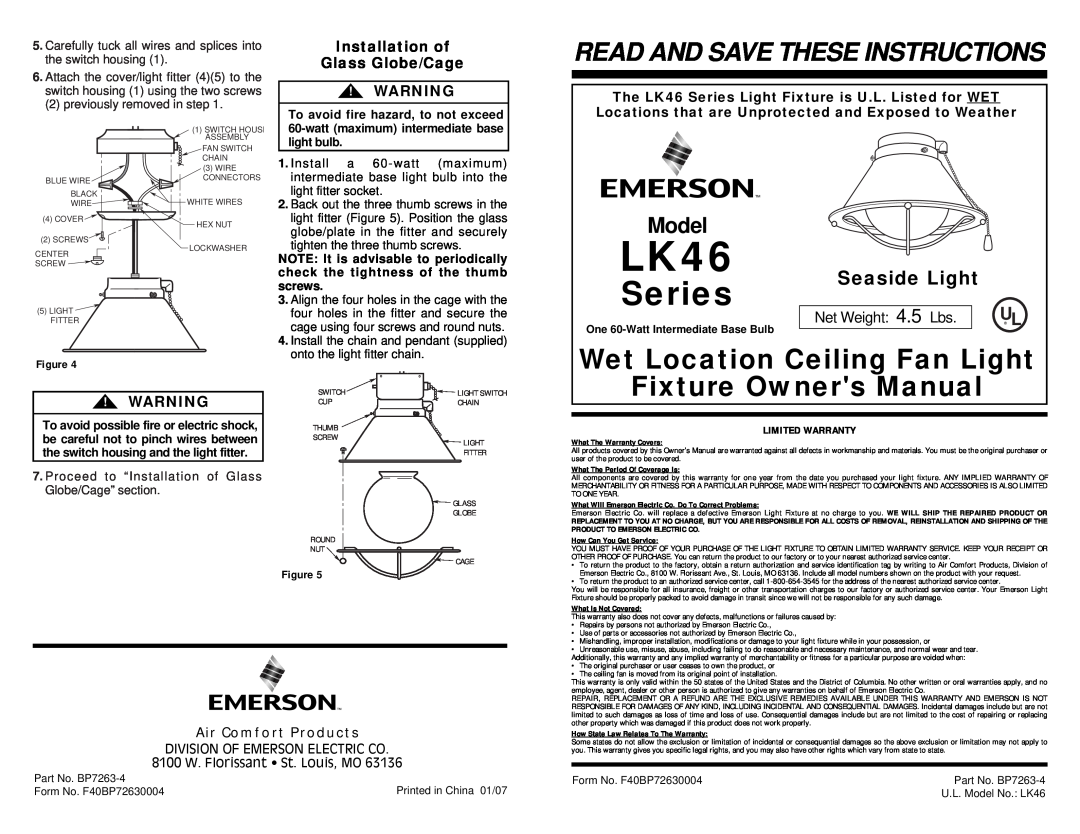 Emerson LK46 owner manual Series, Wet Location Ceiling Fan Light, Read And Save These Instructions, Model, Seaside Light 