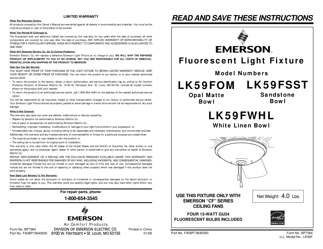 Emerson warranty LK59FOM LK59FSST 