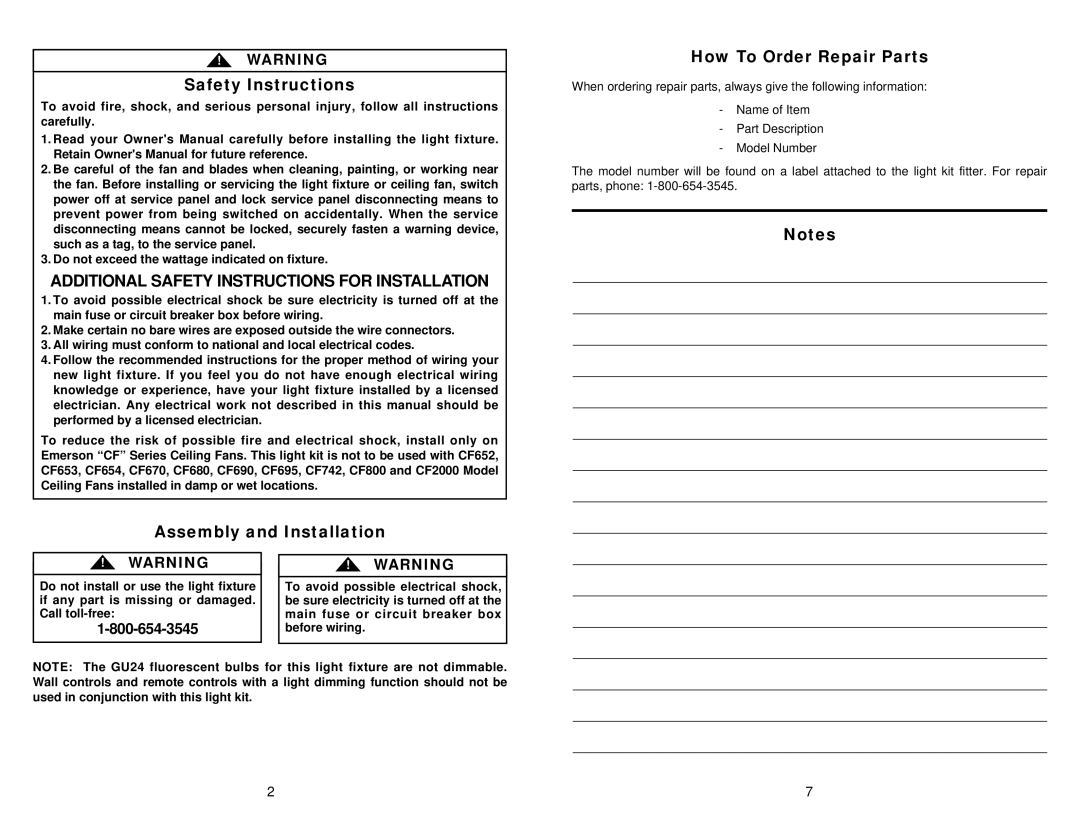 Emerson LK59FOM, LK59FSST warranty Safety Instructions, Assembly and Installation How To Order Repair Parts 