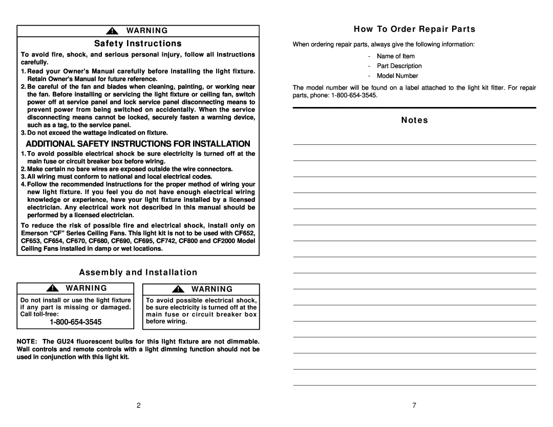 Emerson LK59FOM Additional Safety Instructions For Installation, Assembly and Installation, How To Order Repair Parts 