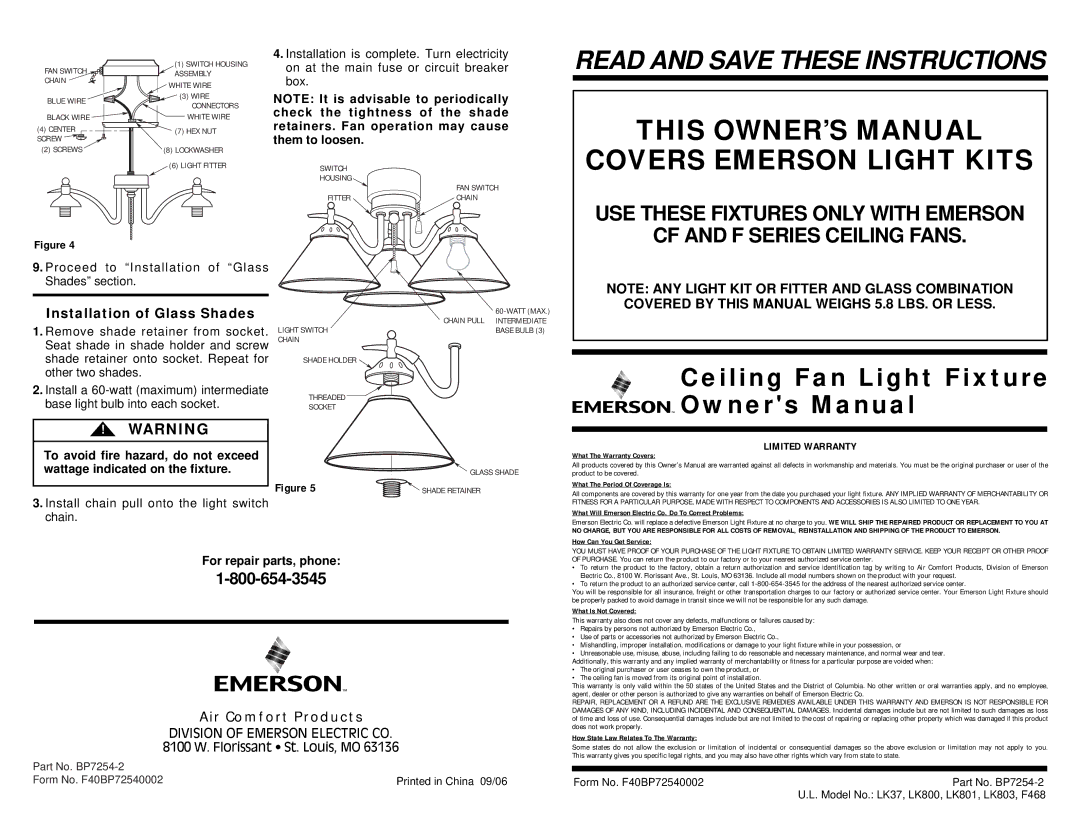 Emerson LK800, LK801, LK803, LK37, F468 owner manual Installation of Glass Shades 