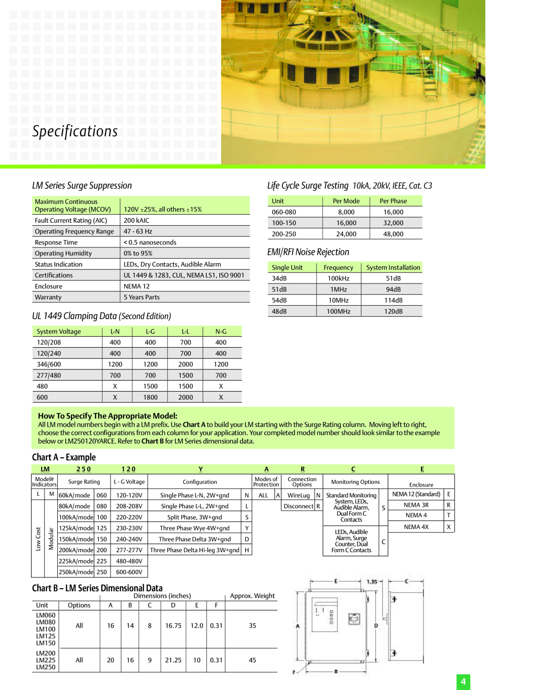Emerson Specifications, LM Series Surge Suppression, UL 1449 Clamping Data Second Edition, EMI/RFI Noise Rejection 
