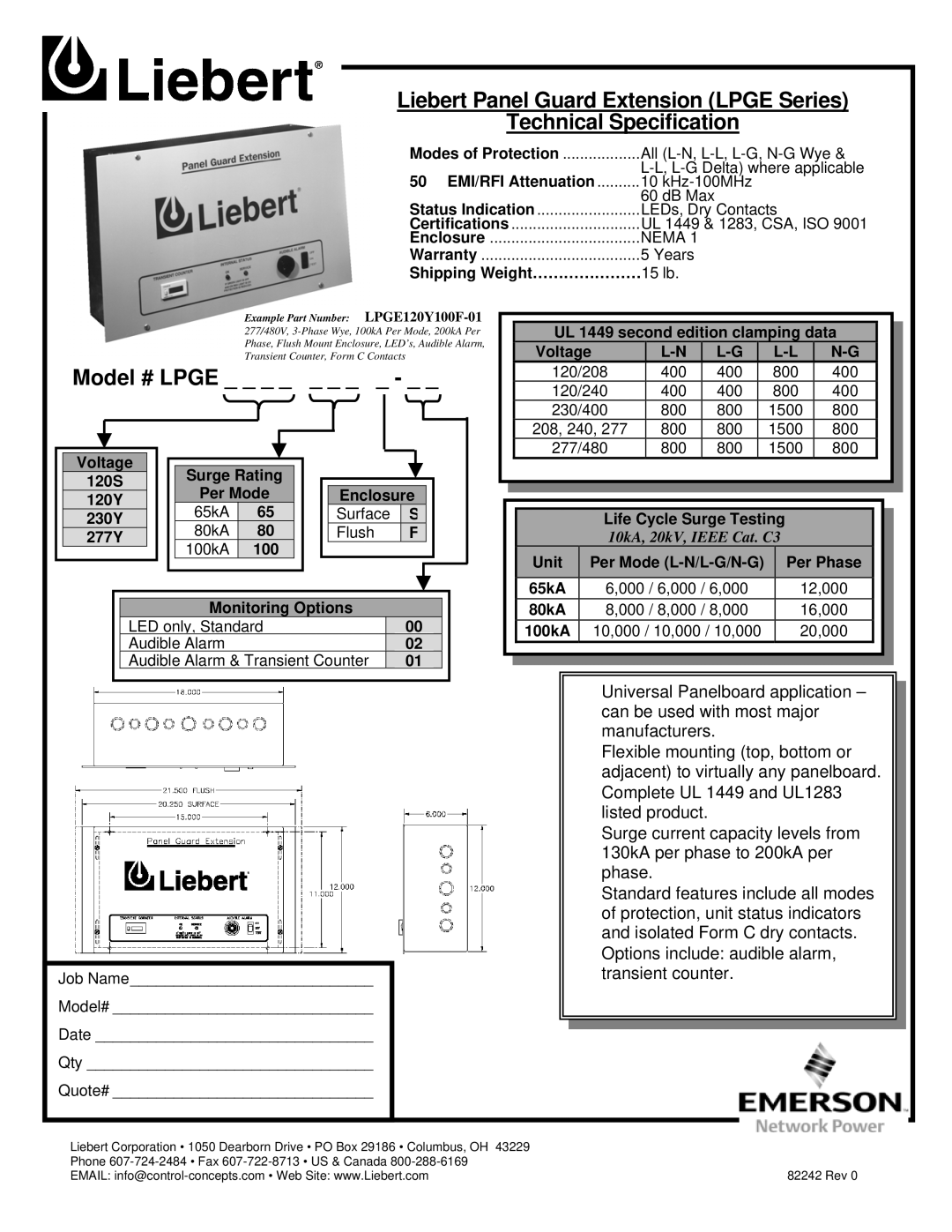 Emerson LPGE Series warranty Model # Lpge, EMI/RFI Attenuation, Shipping Weight…………………15 lb, Voltage Surge Rating 120S 