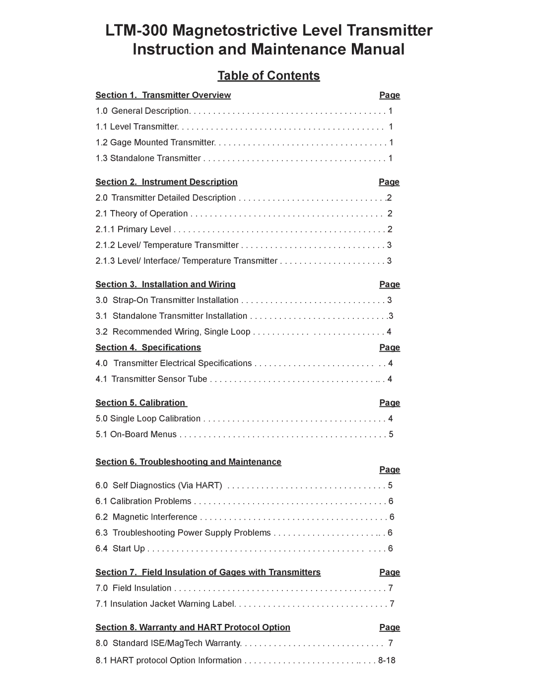 Emerson LTM-300 manual Table of Contents 