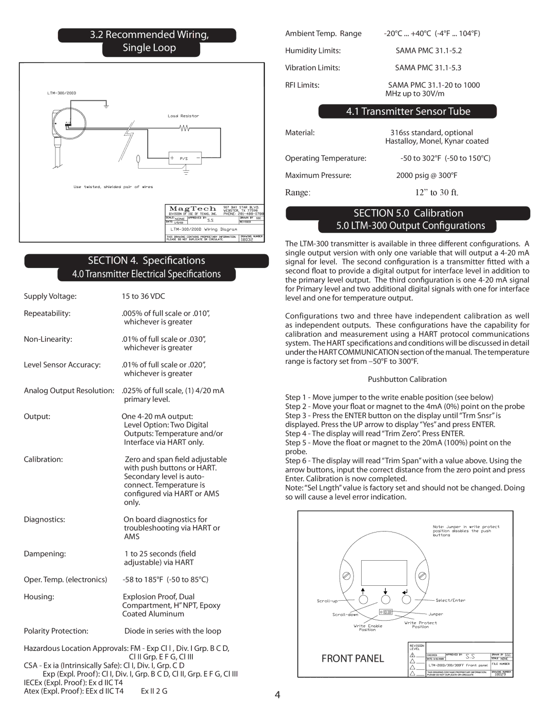 Emerson manual Speciﬁcations, Calibration LTM-300 Output Conﬁgurations 