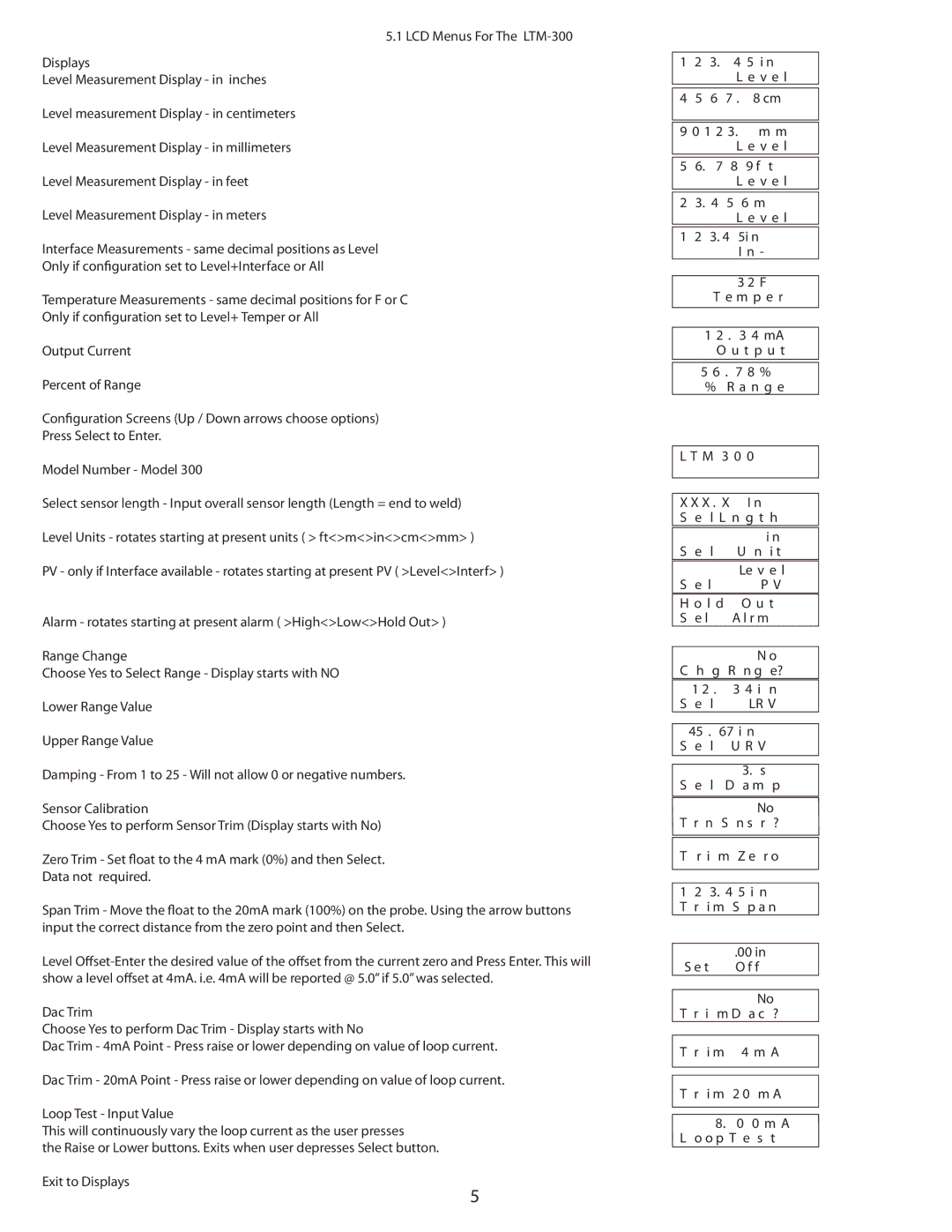 Emerson manual LCD Menus For The LTM-300 Displays, Range Change, Lower Range Value Upper Range Value, Sensor Calibration 