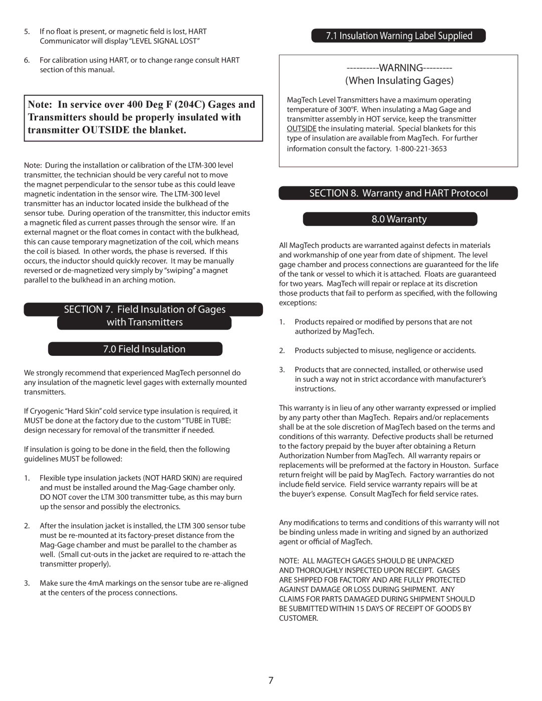 Emerson LTM-300 Field Insulation of Gages With Transmitters, Insulation Warning Label Supplied, Warranty and Hart Protocol 