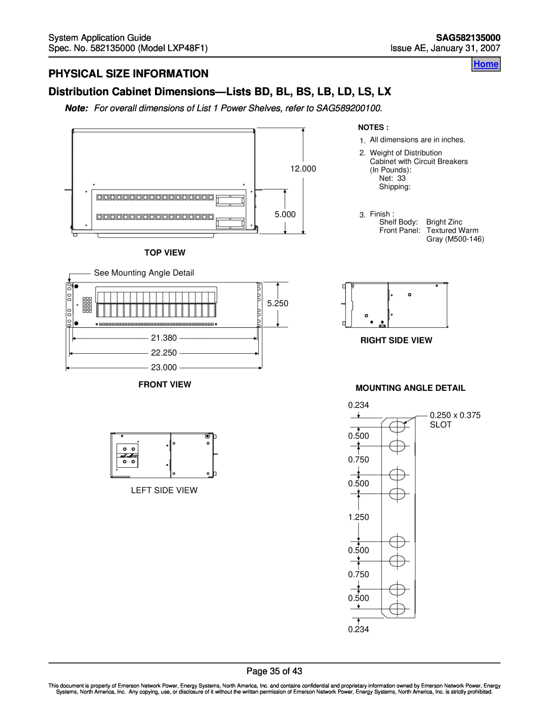 Emerson LXP48F1 Physical Size Information, Distribution Cabinet Dimensions-Lists BD, BL, BS, LB, LD, LS, LX, SAG582135000 