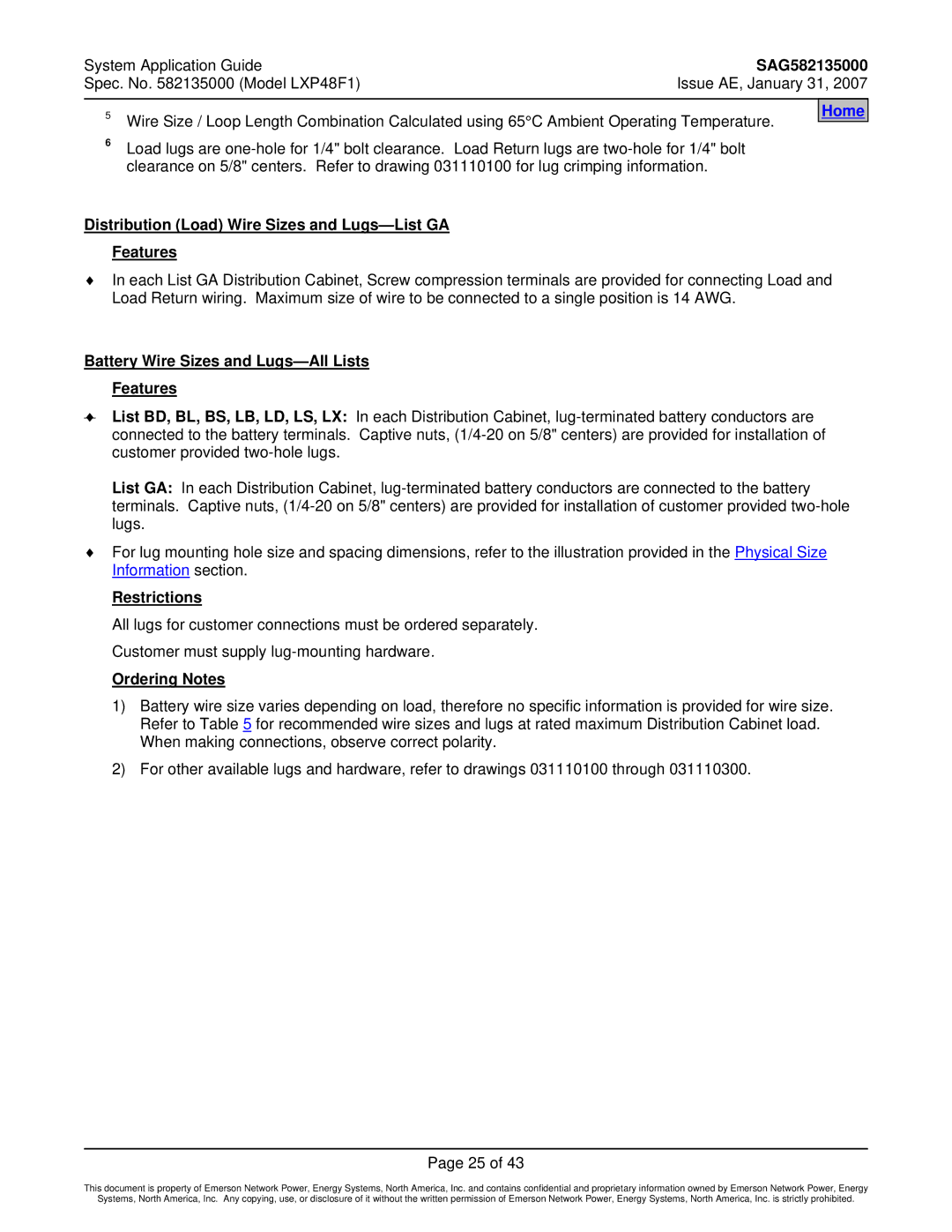 Emerson LXP48F1 Distribution Load Wire Sizes and Lugs-List GA Features, Battery Wire Sizes and Lugs-All Lists Features 