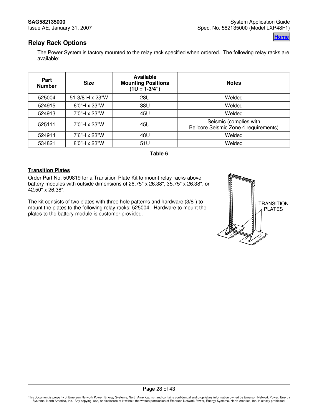 Emerson LXP48F1 manual Relay Rack Options, Part Size Available Mounting Positions Number 1U = 1-3/4, Transition Plates 