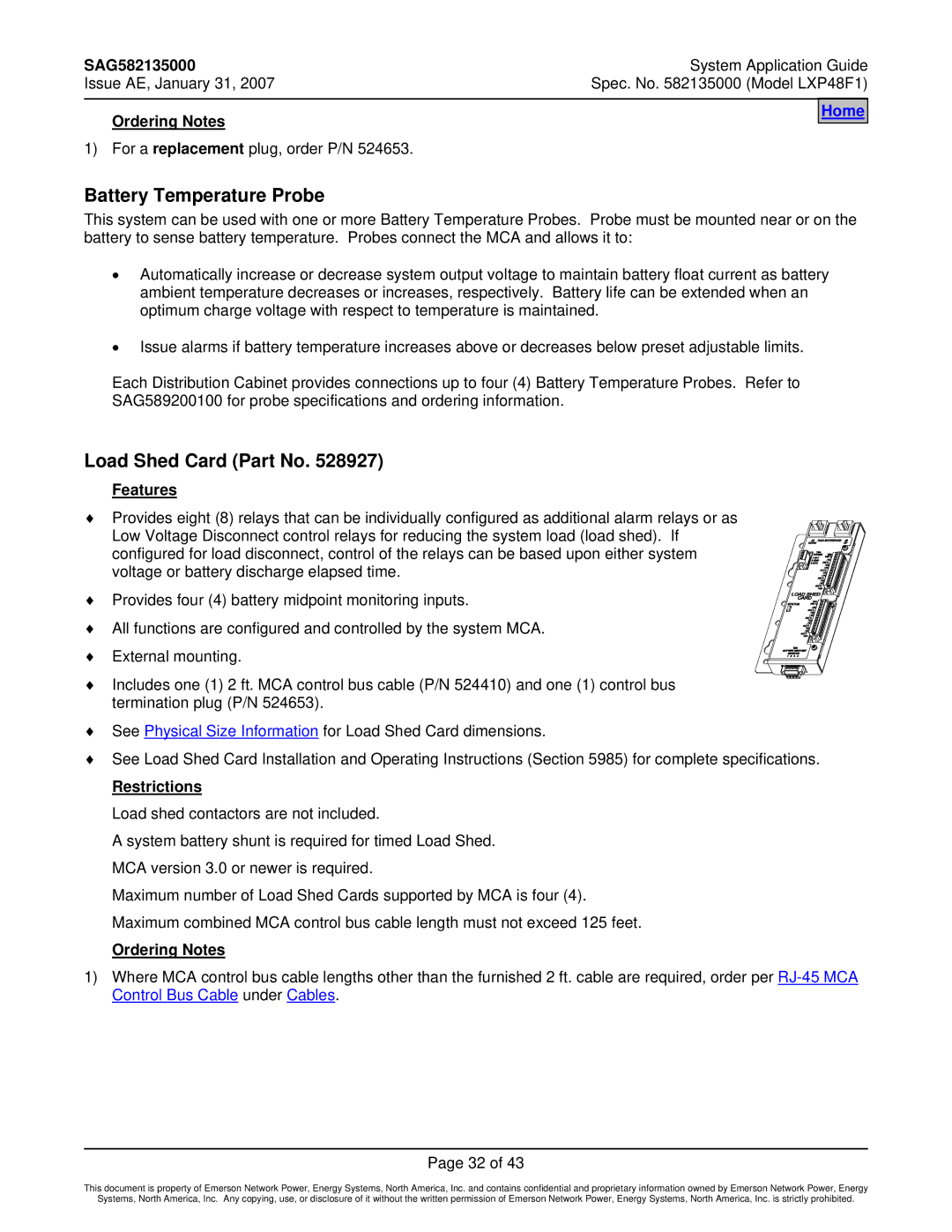 Emerson LXP48F1 manual Battery Temperature Probe, Load Shed Card Part No 