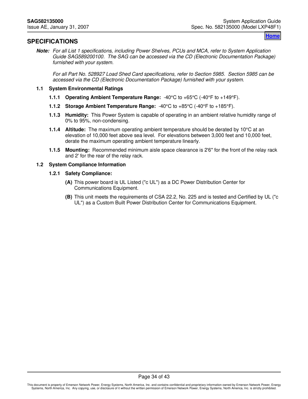 Emerson LXP48F1 manual Specifications, System Compliance Information Safety Compliance 