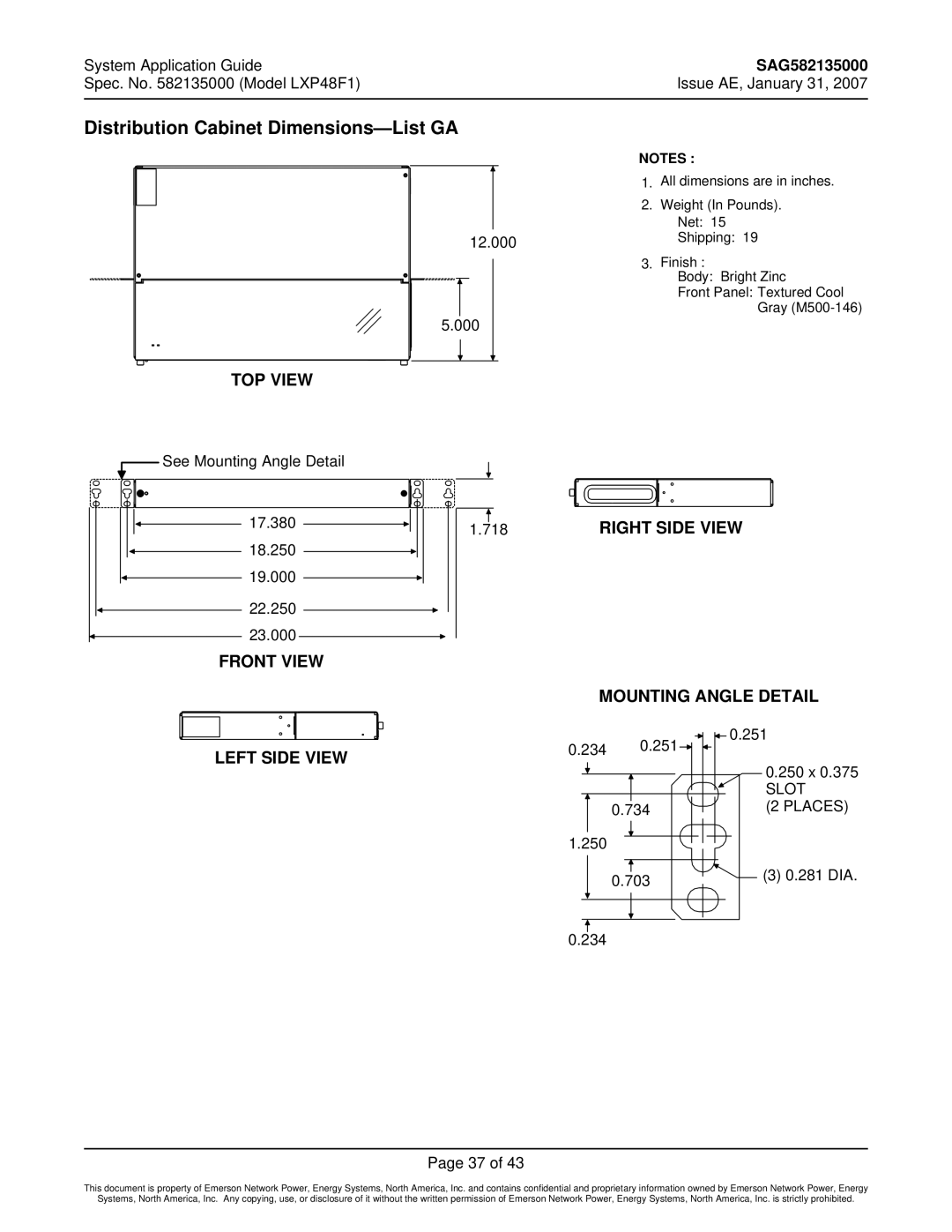 Emerson LXP48F1 manual Distribution Cabinet Dimensions-List GA, 718 