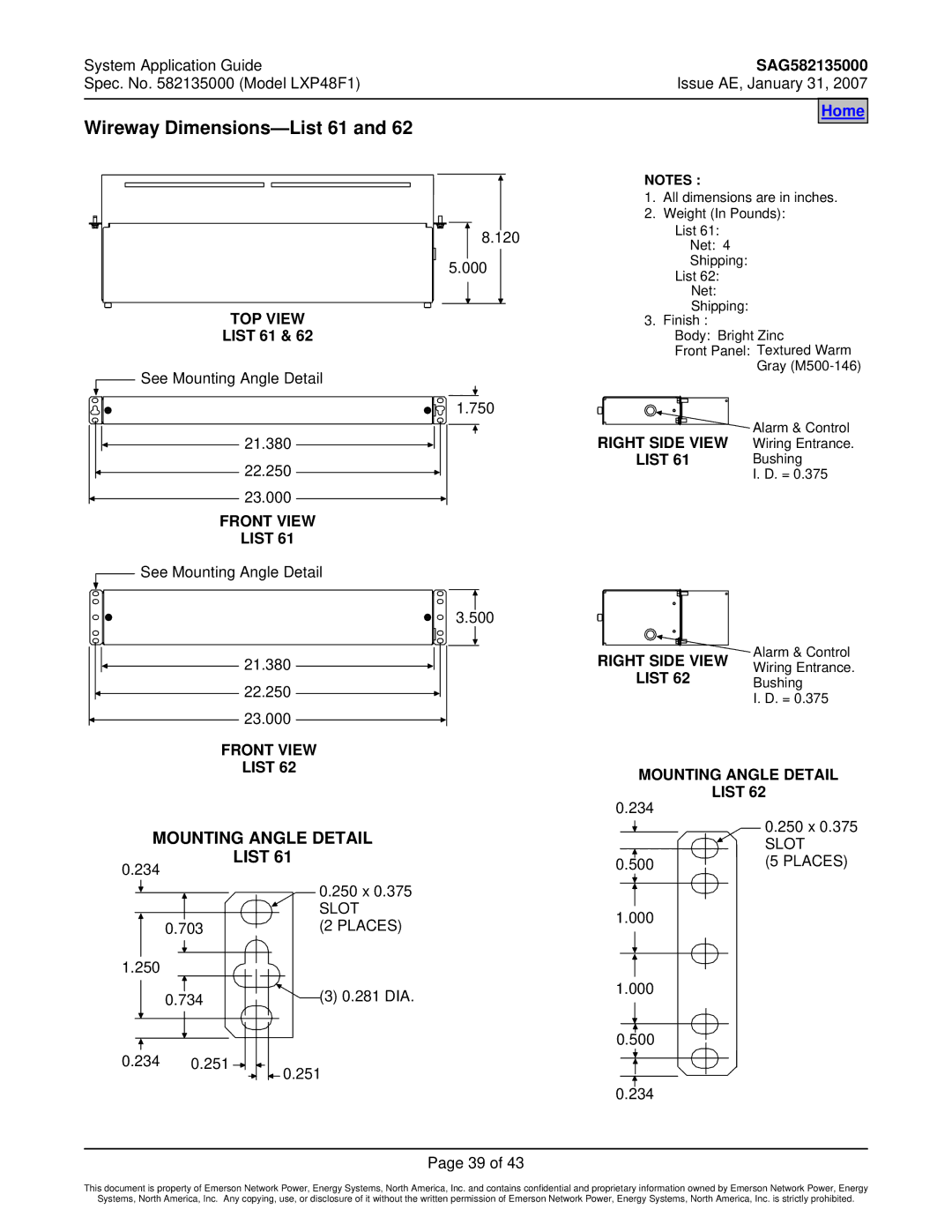 Emerson LXP48F1 manual Wireway Dimensions-List 61, TOP View, Front View List, Right Side View, Mounting Angle Detail List 