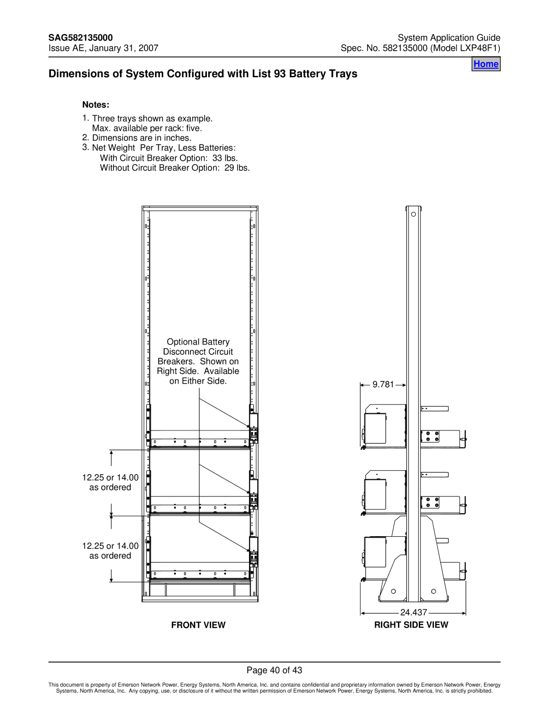 Emerson LXP48F1 manual Dimensions of System Configured with List 93 Battery Trays, 24.437, Front View Right Side View 