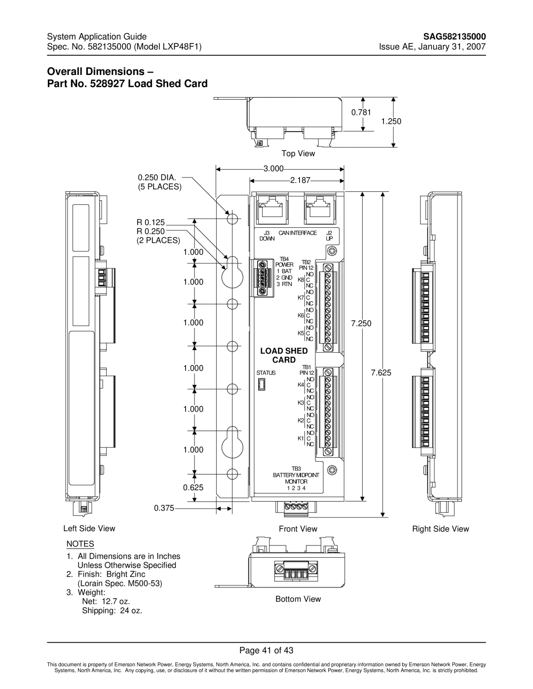 Emerson LXP48F1 manual Overall Dimensions Part No Load Shed Card 