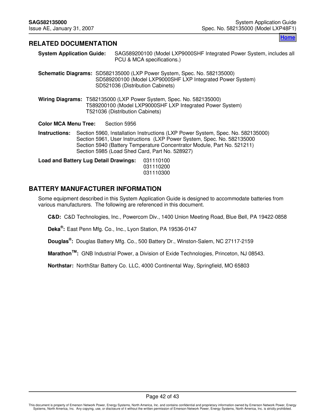 Emerson LXP48F1 manual Related Documentation, Battery Manufacturer Information, Color MCA Menu Tree Section 