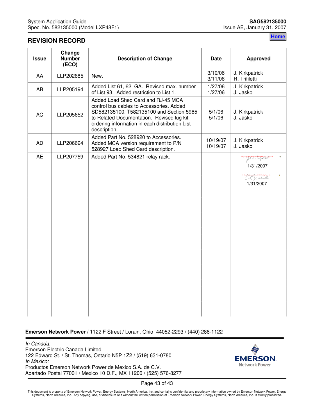 Emerson LXP48F1 manual Revision Record, Change Issue Number Description of Change Date Approved, Eco 