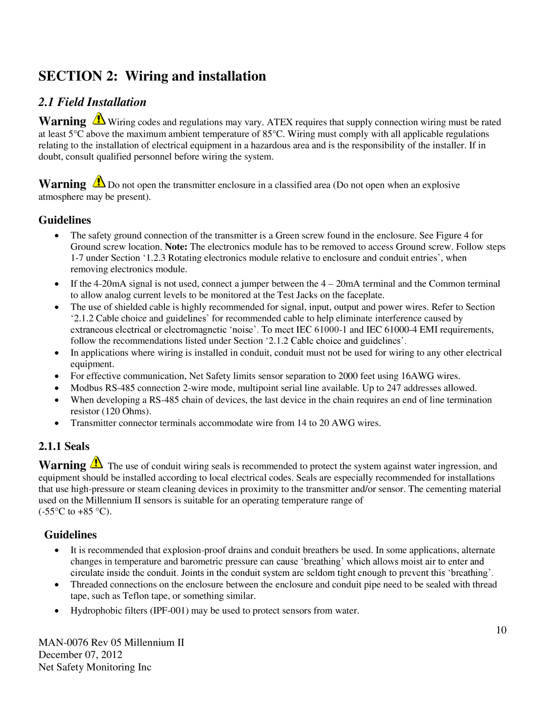 Emerson M22, M21 user manual Wiring and installation, Field Installation, Guidelines, Seals 