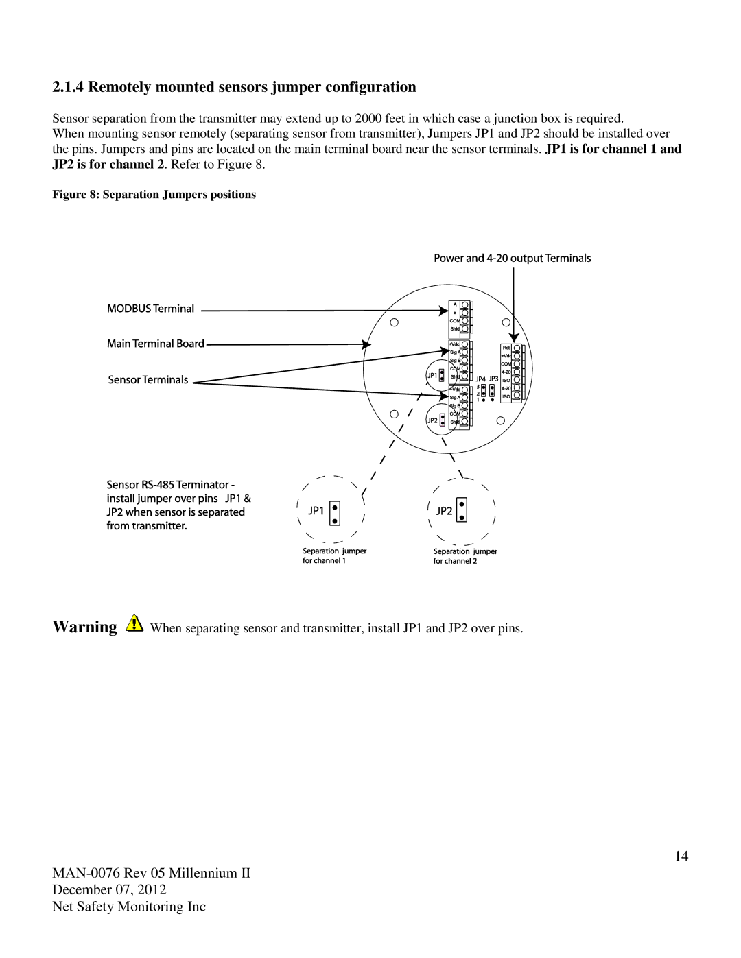 Emerson M22, M21 user manual Remotely mounted sensors jumper configuration, Separation Jumpers positions 