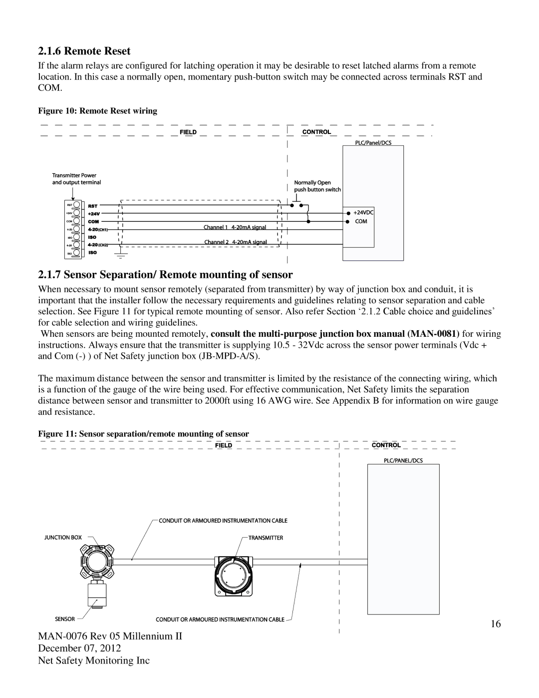 Emerson M22, M21 user manual Remote Reset, Sensor Separation/ Remote mounting of sensor 