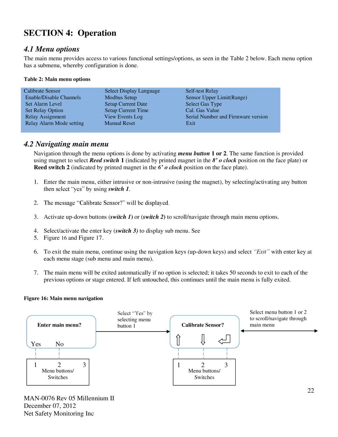 Emerson M22, M21 user manual Operation, Menu options, Navigating main menu 