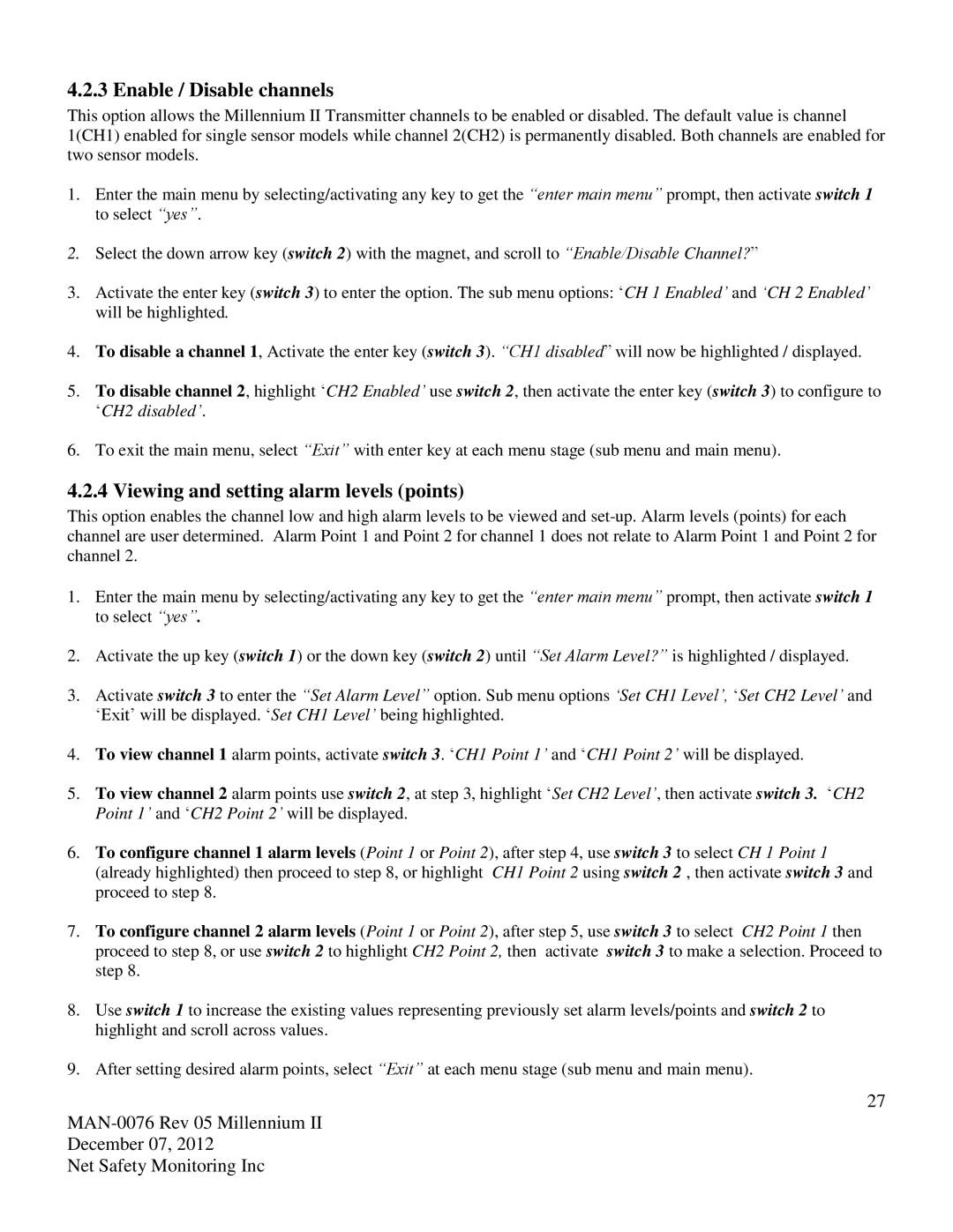 Emerson M21, M22 user manual Enable / Disable channels, Viewing and setting alarm levels points 