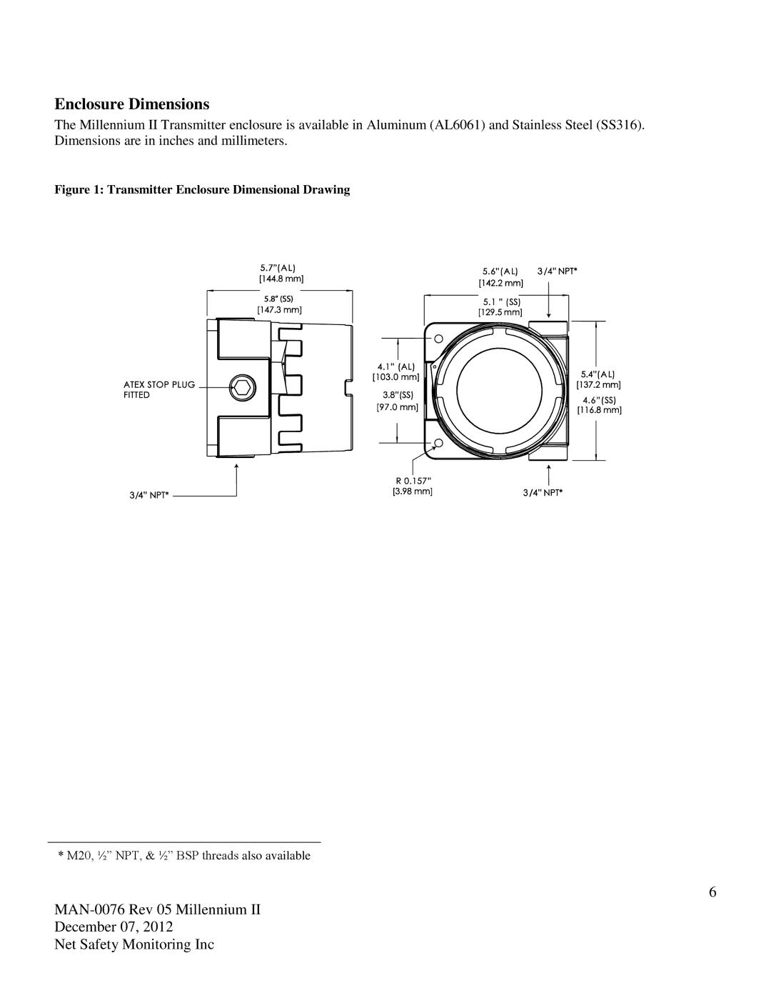 Emerson M22, M21 user manual Enclosure Dimensions, Transmitter Enclosure Dimensional Drawing 