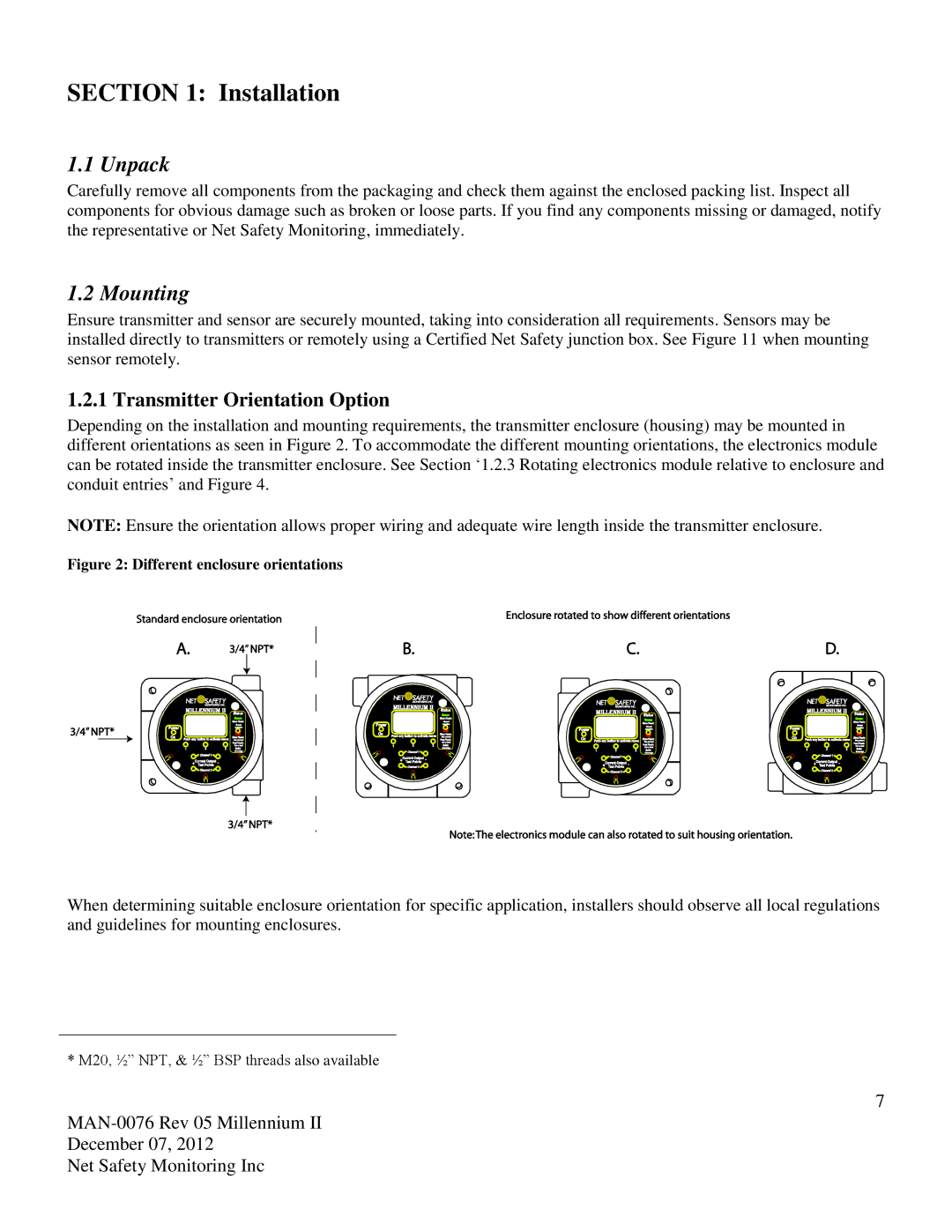 Emerson M21, M22 user manual Installation, Unpack, Mounting, Transmitter Orientation Option 