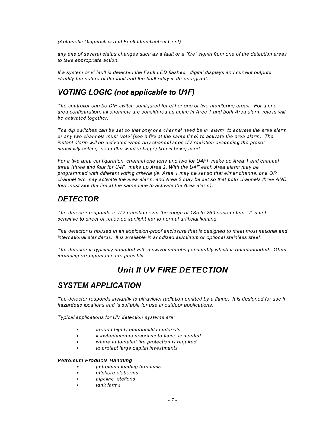 Emerson UVC120, MAN -0016-00 manual Unit II UV Fire Detection, Detector, System Application, Petroleum Products Handling 