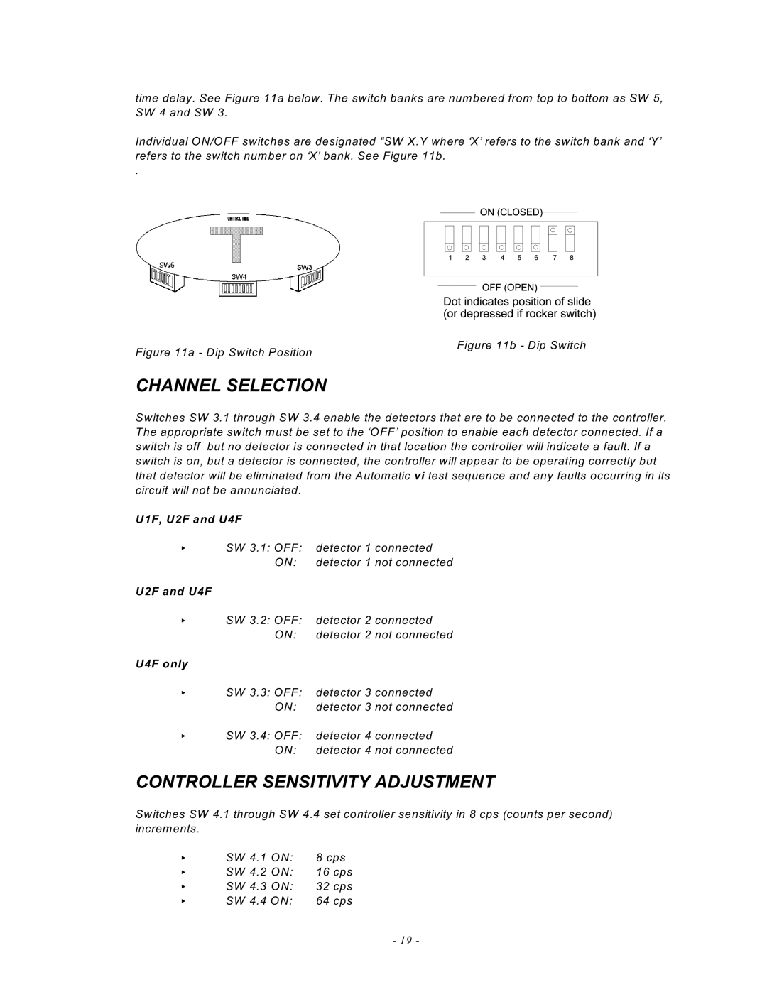 Emerson UVC120, MAN -0016-00 manual Channel Selection, Controller Sensitivity Adjustment, U1F, U2F and U4F, U4F only 